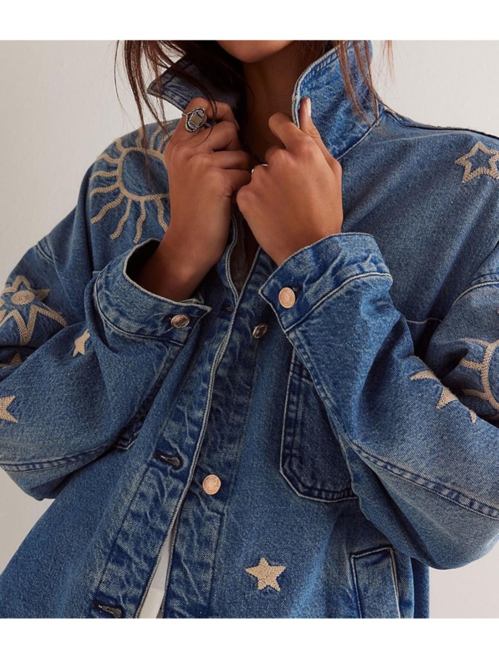 Embroidered Blue Denim Jean Jacket with Celestial Motifs - Picture 4 of 5